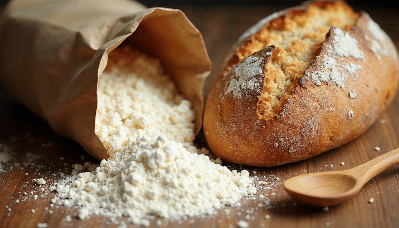 Freshly baked bread with flour in a bag.
