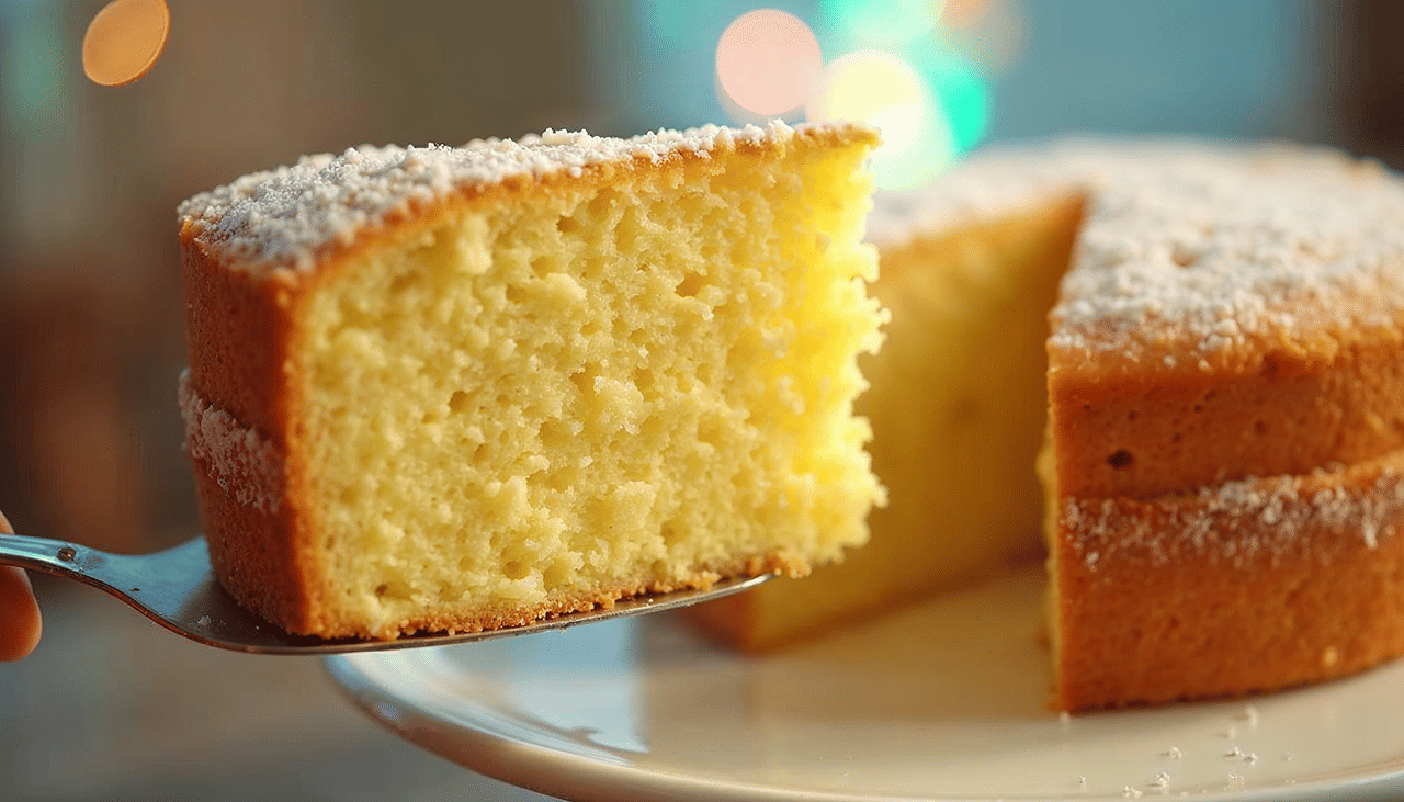 Slice of fluffy cake on a plate.