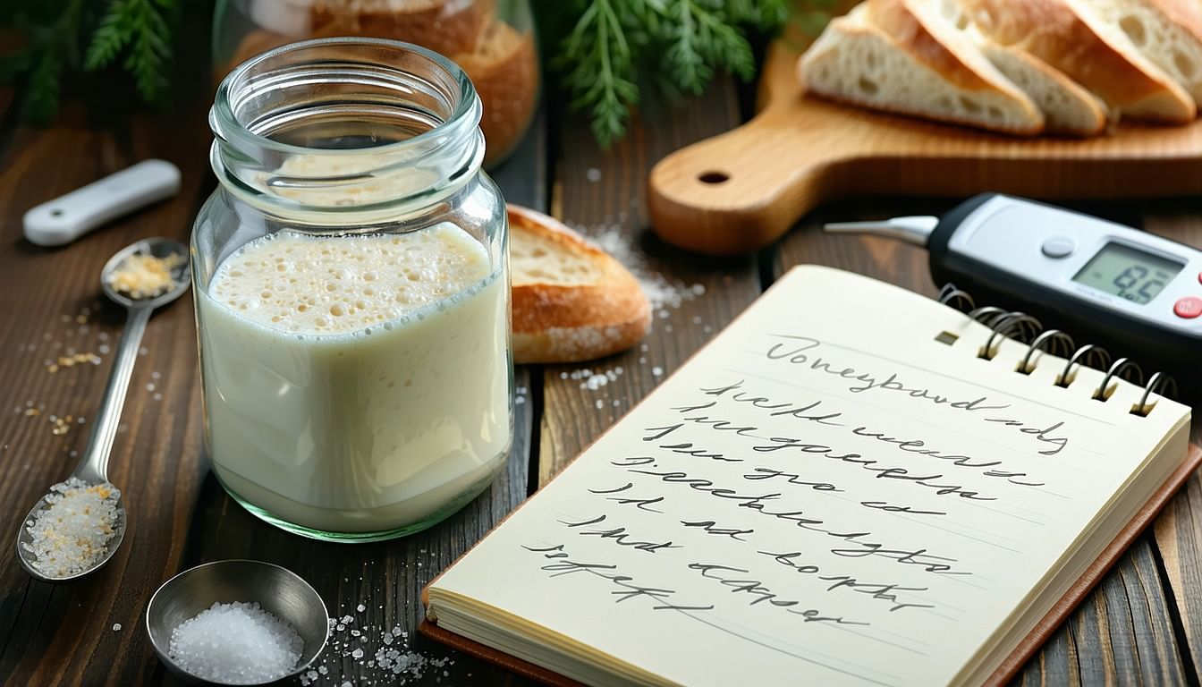 Homemade bread baking ingredients and recipe notes.