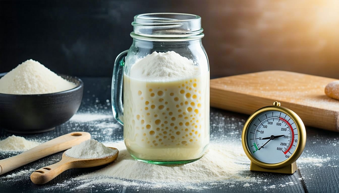 Jar of liquid with flour and measuring tools