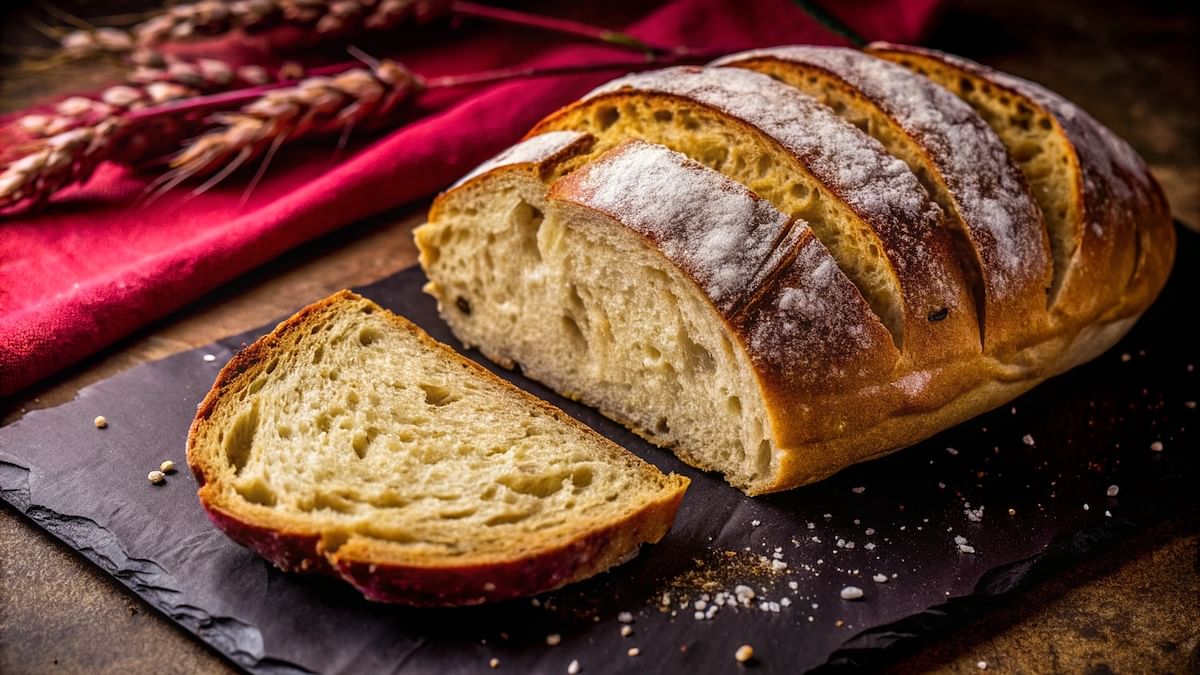 Freshly baked sliced bread on a cutting board.