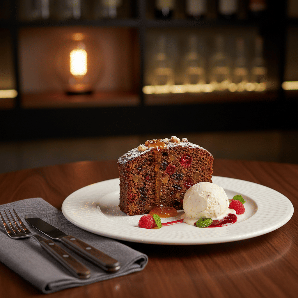 Slice of cake with ice cream and garnishes