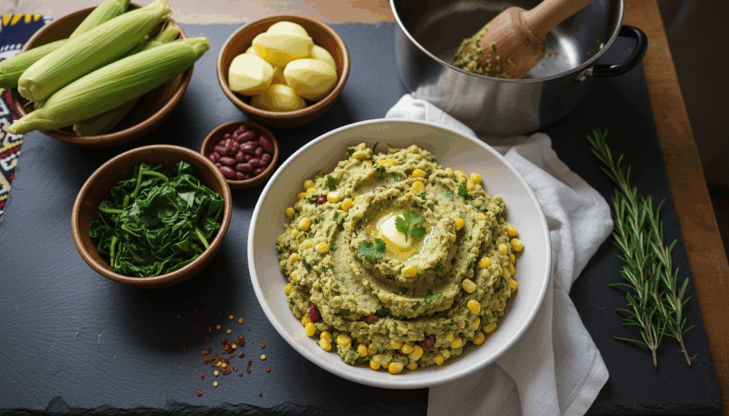 bowls of fresh ingredients and dish.