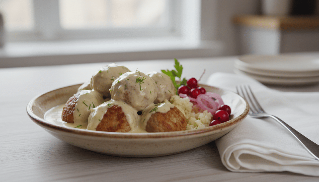 Plate of meatballs with creamy sauce and garnishes