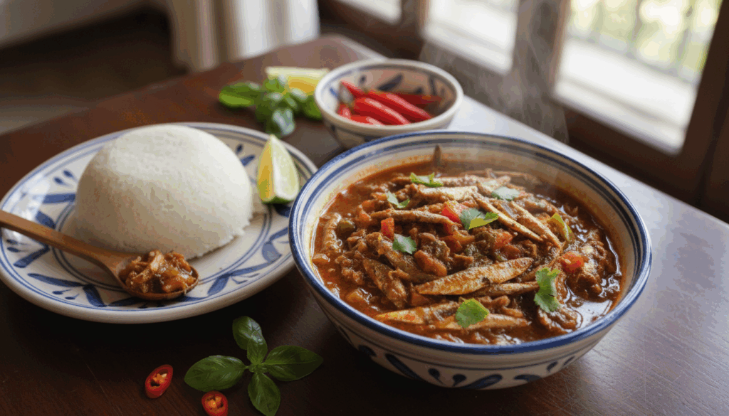 Delicious stew with rice and fresh ingredients.