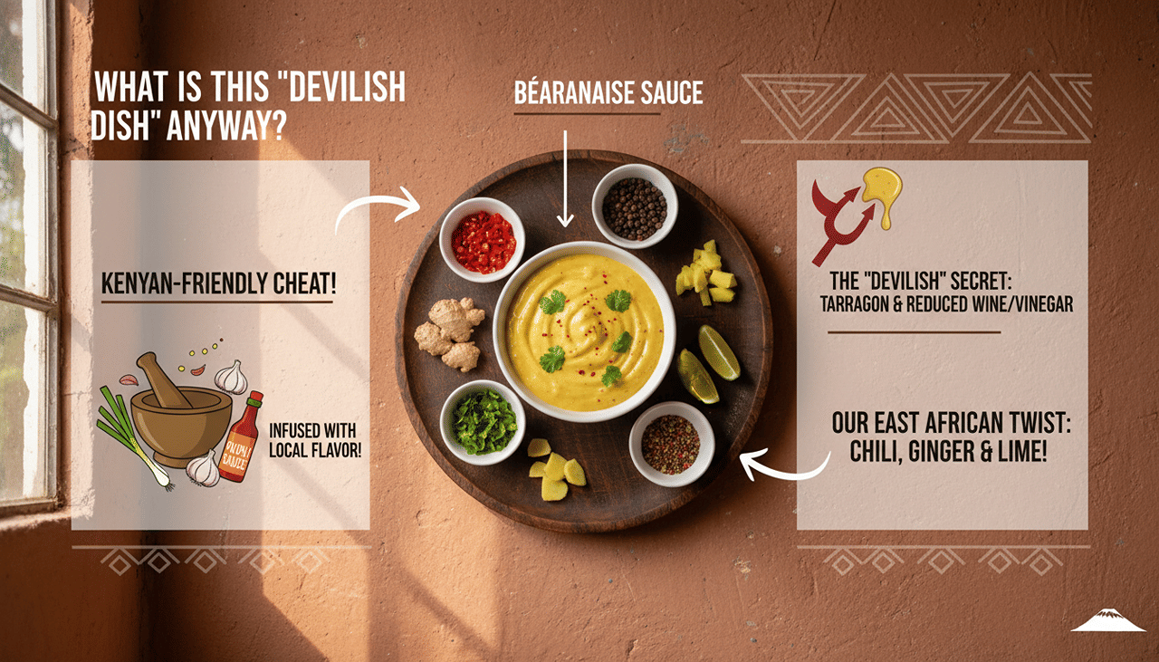 Colorful spices and bÃ©arnaise sauce on wooden platter.