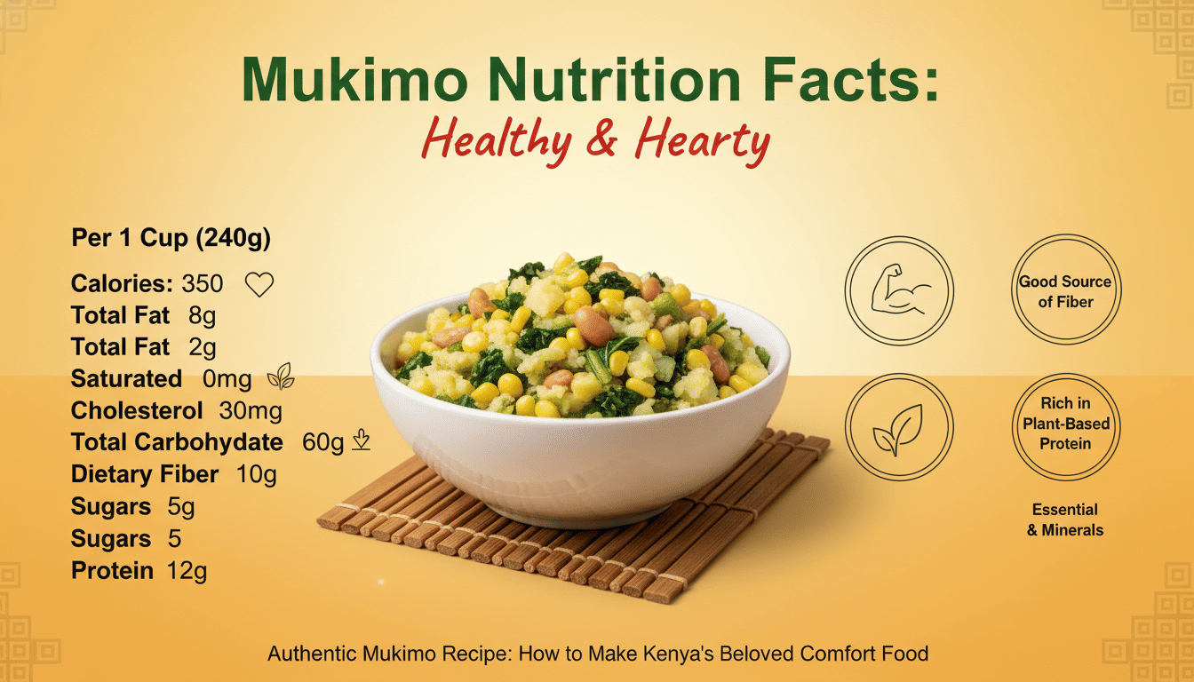 Mukimo dish with nutritional information displayed.
