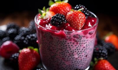 Chia pudding topped with fresh strawberries and blackberries.