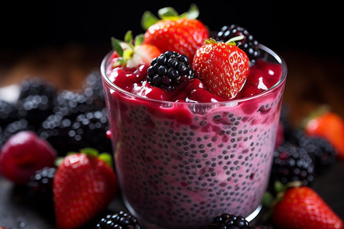 Chia pudding topped with fresh strawberries and blackberries.